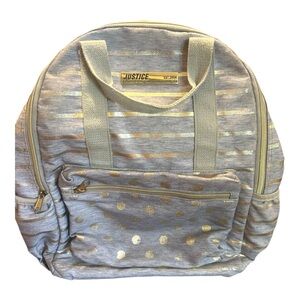 Justice Backpack Gray & Gold Striped‎ Polka Dot Est. 2004 Multi Compartment